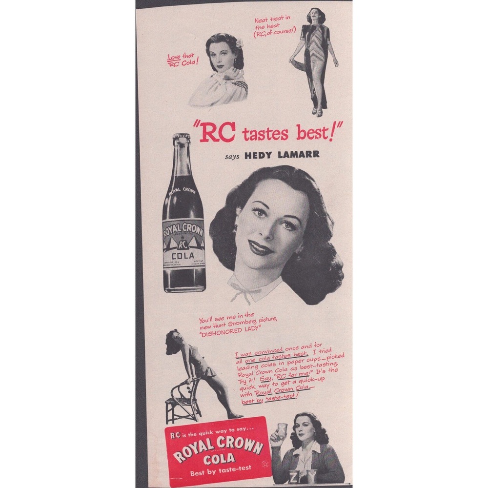 Vintage 1947 Royal Crown RC Cola Print Ad Hedy Lamarr Dishonored Lady Movie 12in